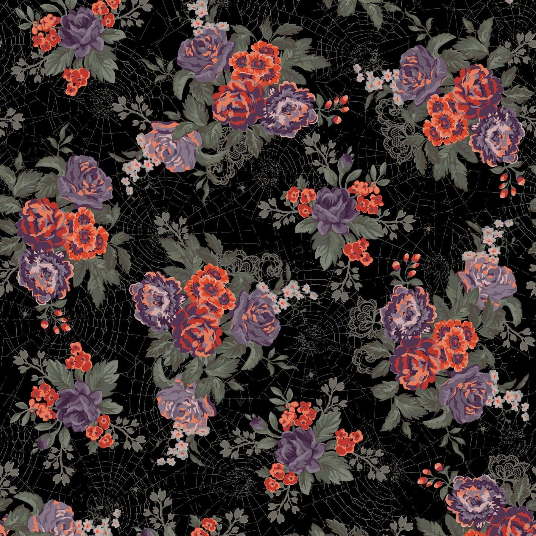 Web of Roses Metallic Florals on Black | Fabric Design Treasures