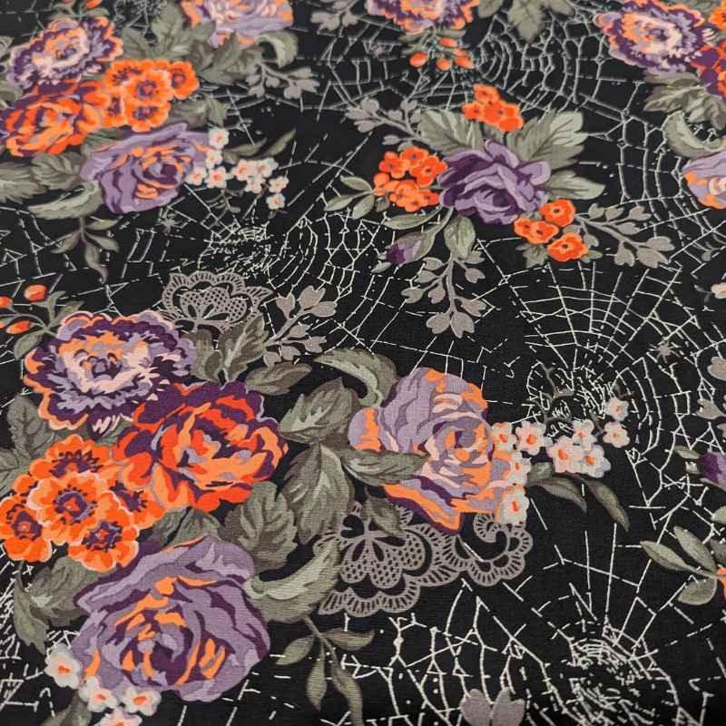 Web of Roses Metallic Florals on Black | Fabric Design Treasures