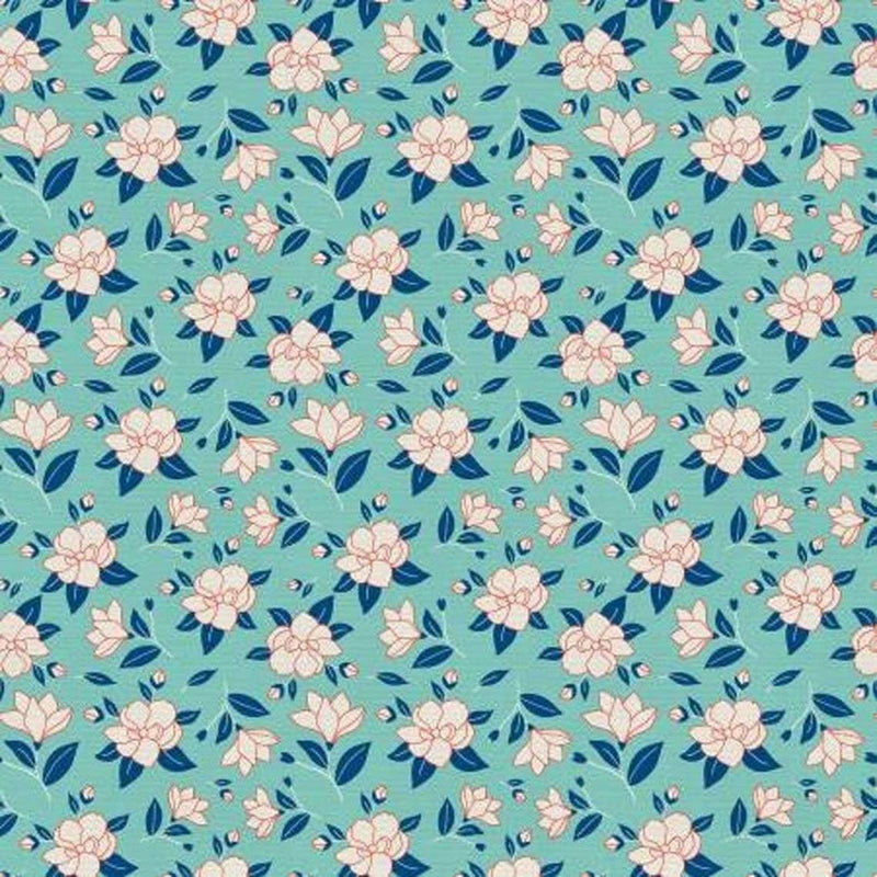 White Magnolia on Teal Background - Japanese Garden | Fabric Design Treasures