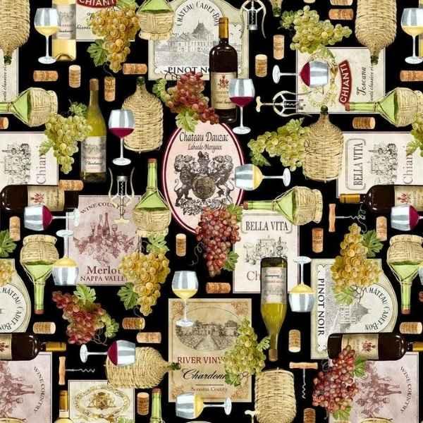 Wine Fabric, Kanvas by Benartex - Cheers to You - Cheers - Black - Fabric Design Treasures